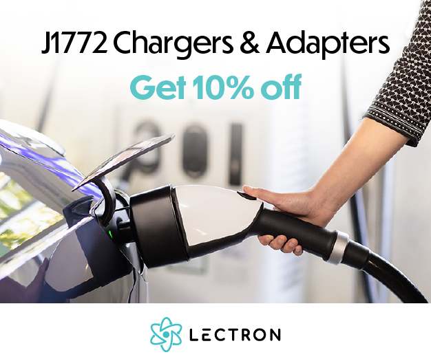 Lectron J1772 chargers and adapters ad showing charging plug in use
